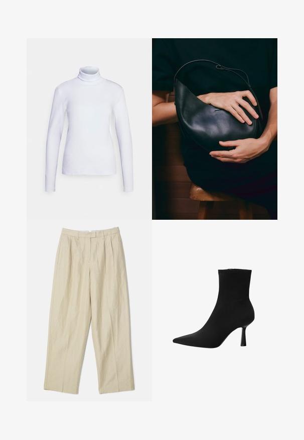 Top à manches longues col roulé blanc, confectionné en tissu lisse. Design ajusté avec des coutures minimales, présentant un col haut et un ourlet droit.; Pantalons en lin beige avec un design à jambes larges, dotés de plis avant, de poches latérales et d'une texture lisse. Coupe classique et style polyvalent.; Bottines noires en tissu lisse, avec un bout pointu et un talon stiletto fin, au design sans couture et sans matériel visible.; Sac à main en cuir noir avec une forme en croissant unique. Il présente un design minimaliste, une texture lisse et un logo discret. Une bandoulière réglable.