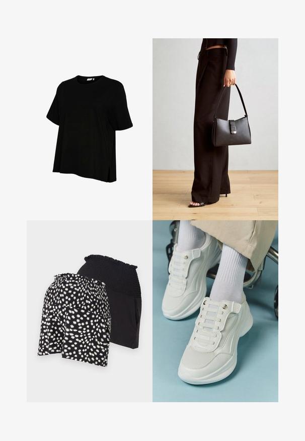 Zwart t-shirt met korte mouwen, ronde halslijn, ontspannen pasvorm, zijsplitsen en een soepele katoenen stof.; Zwarte bloemen shorts met een wit madeliefjespatroon en een gesmoord tailleband; de binnenste shorts zijn eenvoudig zwart met een gladde textuur.; Witte sneakers met een mesh materiaal, rubberen zool, vetersloze uitvoering met elastische banden en gouden accenten.; Zwarte handtas met gestructureerde vorm, gladde textuur en een metalen sluiting. Gecombineerd met brede zwarte broeken en sandalen met open teen op een houten vloer.