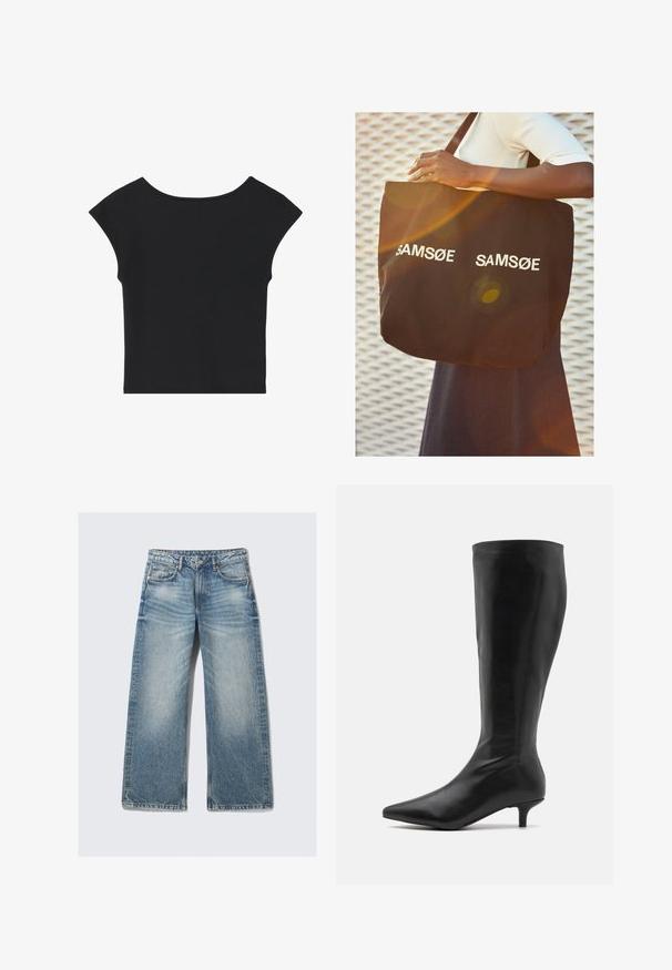 Top nero cropped con maniche corte a sbuffo, scollatura rotonda e trama di tessuto liscia, caratterizzato da un design semplice senza fantasie o decorazioni.; Jeans a gamba larga di colore azzurro chiaro, realizzati in denim, con vita alta, cinque tasche e lavaggio sbiadito con un effetto leggero di whiskering.; RAID ALPINE - Stivali alti - black; Borsa tote nera in tela, con testo bianco "SAM SøE" stampato su entrambi i lati. Forma rettangolare con manici robusti e finitura opaca.