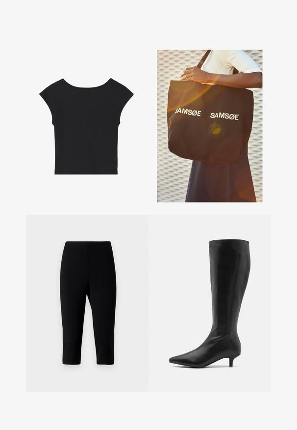 Černý krácený top s krátkými rukávy, kulatým výstřihem a hladkým povrchem, s jednoduchým designem bez vzorů nebo zdobení.; Černé capri kalhoty vyrobené z elastické látky, s přiléhavým střihem, který končí těsně pod kolenem, s hladkou texturou a bez viditelných švů.; RAID ALPINE - Vysoká obuv - black; Černá taška přes rameno vyrobená z keprové tkaniny, na obou stranách s bílým nápisem "SAM SøE". Obdélníkový tvar se silnými uchy a matným povrchem.