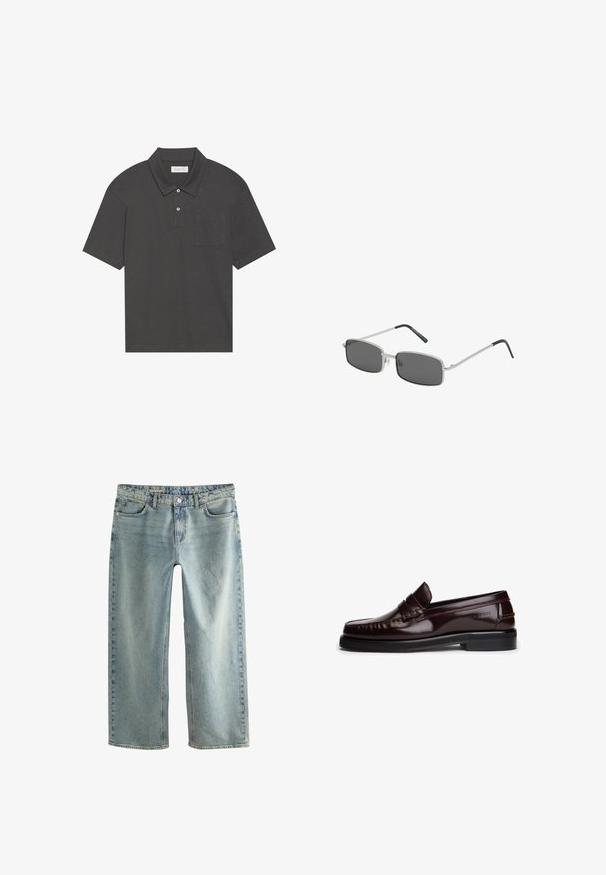 Tumehall polo särk traditsioonilise kraega, kolme nööbiga kinnitus, lühikesed varrukad ja vasakul rinnal tasku. Sile kangastekstuuri.; Heledad sinine denim laiad teksad, millel on sirge jalg, viie tasku disain ja nähtav riistvara nööp sulgemine.; Pruunid nahast mokassiinid läikiva viimistlusega, kaunistatud õmblustega, paelast üle pealse ja lameda kummitaldaga.; Käikuv vormi prillid tumedate hallide läätsedega, õhuke hõbedane metallraam ja musta kummiga kaetud templite otsad. Minimalistlik disain.