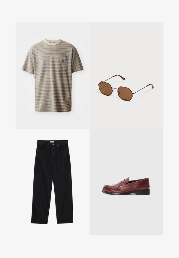 Tricou cu mânecă scurtă, în dungi, de culoare bej și maro, cu guler rotund și un buzunar pe piept cu o etichetă logo. Tesătură texturată.; Jeanși negri cu talie înaltă, drepti, cu buzunare frontale, închidere cu buton și urechi pentru curea, așezați întinși pe un fundal alb.; Mocasin din piele bordó cu un finisaj neted, cusături decorative și vârf rotunjit. Asigură un toc mic negru.; Ochelari de soare maro, octogonali, cu rame subțiri din metal închis, cu suporturi adjustable pentru nas și lentile maro tonificate; bratele au un accent portocaliu.