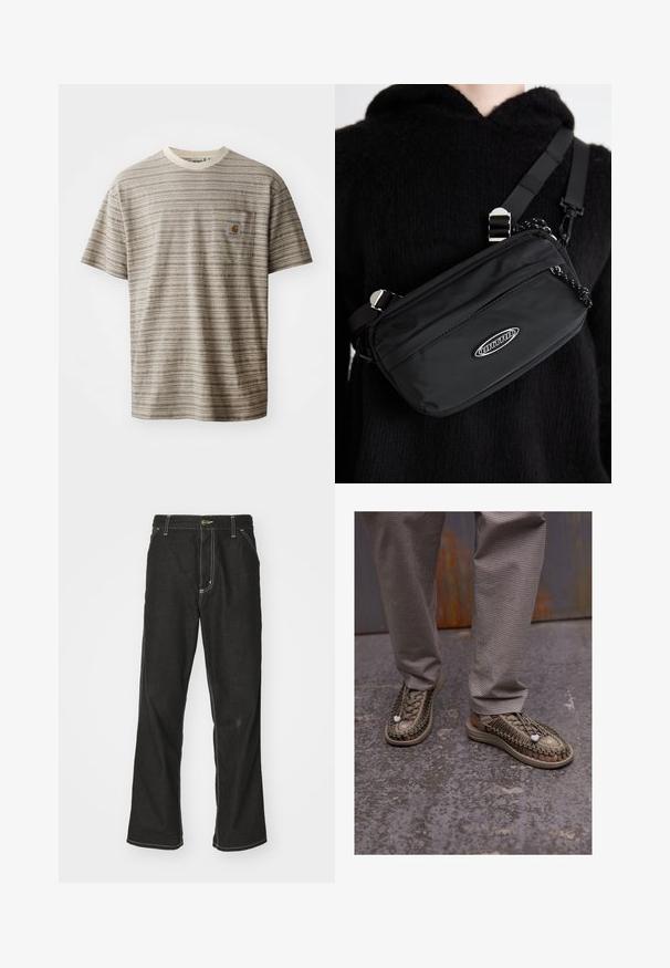 Short-sleeve striped t-shirt in beige and brown, featuring a crew neckline and a chest pocket with a logo patch. Textured fabric.; Black denim jeans with a loose fit, featuring contrasting white stitching, a button closure, and a straight leg design.; Beige woven sandals with thick soles, featuring an intricate lace pattern and white accent details, paired with gray checkered pants.; Black nylon crossbody bag with adjustable strap, featuring a smooth texture, a front zipper pocket, and a logo accent.
