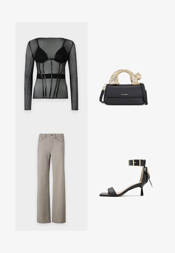 Schwarzes Netz-Langarmoberteil mit einem integrierten schwarzen BH, das ein enganliegendes Design, transparente Textur und glänzende schwarze Akzente aufweist.; Weit geschnittene Hose aus einem hellgrauen, strukturierten Stoff mit glatter Oberfläche. Mit Knopfverschluss und Fünf-Taschen-Design.; Schwarze, lederne, hochhackige Sandalen mit einem quadratischen Zehenbereich, einem Knöchelriemen mit einer goldenen Schnalle und einem schmalen Absatz. Glatte Textur, minimalistisches Design.; Schwarze Ledertasche mit einem goldenen katzenförmigen Griff, ausgestattet mit einem vorderen Klappenverschluss, einem verstellbaren Trageriemen und einem Logodetail auf der unteren Vorderseite.