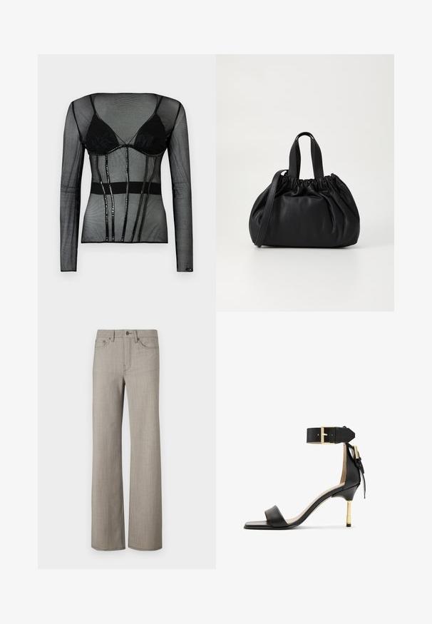 Top lungo a maniche nere in rete con reggiseno integrato nero, caratterizzato da un design aderente, una texture trasparente e rifiniture nere lucide.; Pantaloni a gamba larga in un tessuto grigio chiaro, testurizzato con una finitura liscia. Caratterizzati da una chiusura con bottone e un design a cinque tasche.; Sandal con tacco in pelle nera, punta quadrata, cinturino alla caviglia con fibbia dorata e tacco metallico slanciato. Texture liscia, design minimalista.; Borsa a tracolla in pelle nera con design a cima arricciata, dotata di due manici corti e di una lunga tracolla regolabile. Texture liscia, forma arrotondata.