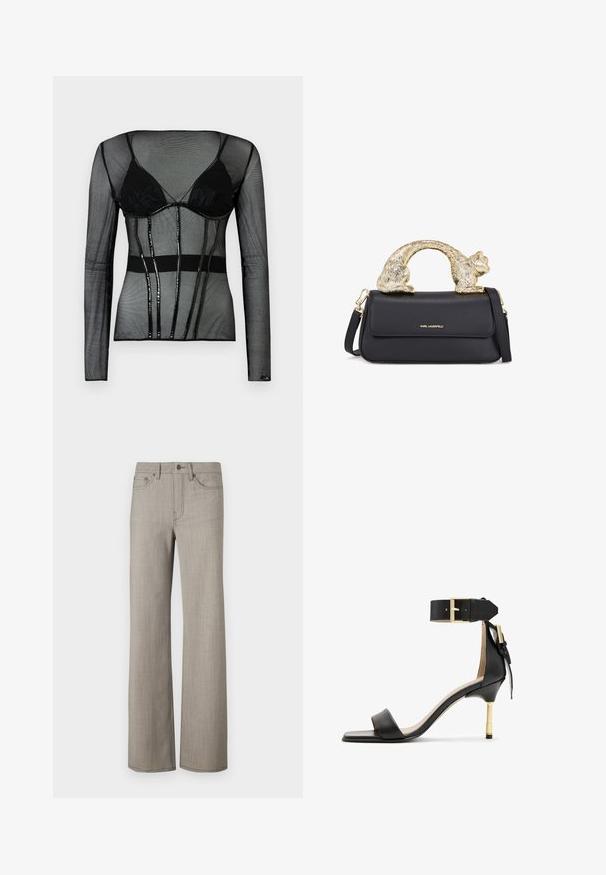Sort mesh langærmet top med indbygget sort BH, med et tætsiddende design, gennemsigtig tekstur og blanke sorte detaljer.; Bredde benbukser i en lys grå, tekstureret stof med en glat overflade. Har en knaplukning og fem-lomme design.; Sort læder hæl sandal med firkantet tå, ankelrem med en guldbuckle og en slank metallisk hæl. Glat tekstur, minimalistisk design.; Sort læderhåndtaske med et håndtag formet som en guldkat, som har en frontklap, justerbar rem og logo-detalje på den nederste front.
