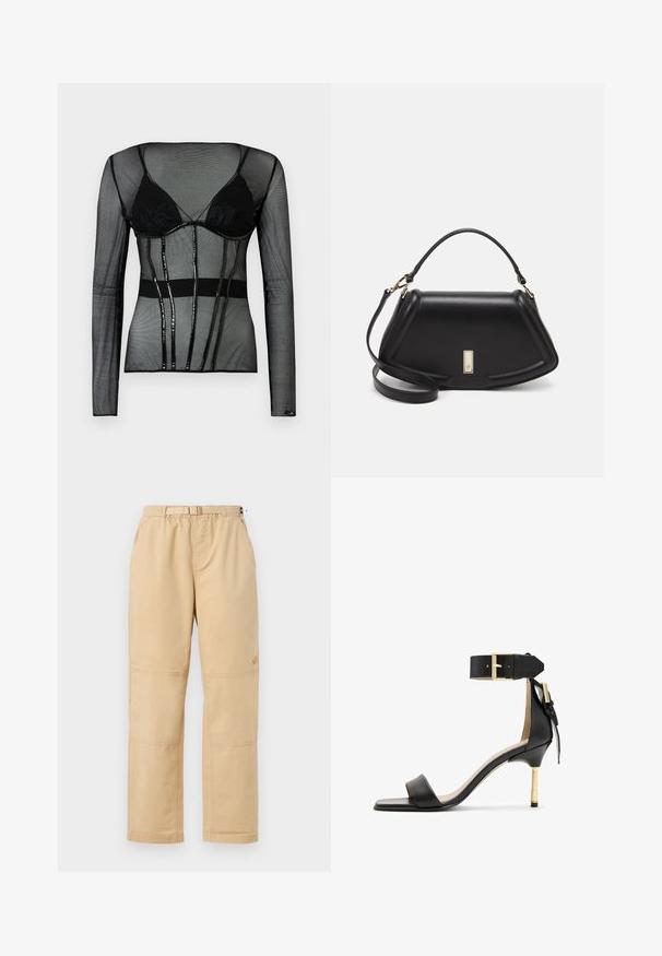 Čierna sieťovaná blúzka s dlhým rukávom a zabudovaným čiernym podprsenkou, výnimočne priliehavý strih, priehľadná textúra a lesklé čierne akcenty.; Béžové bavlnené nohavice so voľným strihom, s elastickým pásom, bočnými vreckami a zosilneným stehenným švom pre väčšiu odolnosť.; Čierne kožené sandále na podpätku so štvorcovou špičkou, remienkom okolo členka s zlatou sponou a štíhlym kovovým podpätkom. Hladká textúra, minimalistický dizajn.; Čierna kožená kabelka so štruktúrovaným dizajnom, s krátkym tvarom, hornou rúčkou a zlatými prvkami. Súčasťou je nastaviteľný ramenný popruh.
