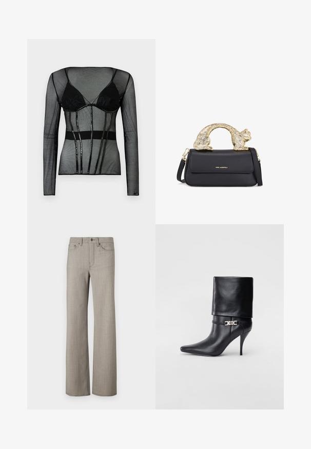 Svart mesh langermet topp med innebygd svart BH, med en tettsittende design, gjennomsiktig tekstur og glinsende sorte detaljer.; Videbuks i en lys grå, teksturert stoff med en glatt finish. Har knappelukking og fem-lomme design.; Sorte lærstøvlett med spiss tå, høy stiletthel, omslagskant og en dekorativ gullspenne rundt ankelen.; Svart lærveske med et gullfarget kattformet håndtak, med en frontklaff, justerbar stropp og logo detalj på den nedre fronten.