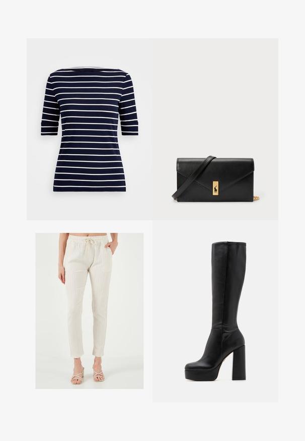 Marineblauwe T-shirt met horizontale witte strepen, korte mouwen en een ronde halslijn. Gemaakt van gladde stof met een aansluitende pasvorm.; Licht beige, elastische taille broek met een trekkoord, voorzien van verticale witte strepen en een taps ontwerp. Zachte textuur met een casual pasvorm.; Zwarte kniehoge laarzen van glad leer met een gestructureerde afwerking, voorzien van een hoge blokhak en een ronde neus.; Zwarte leren portemonnee met een opklapbare flap, gouden hardware en een logo-accent. Inclusief een afneembare strap voor het dragen.