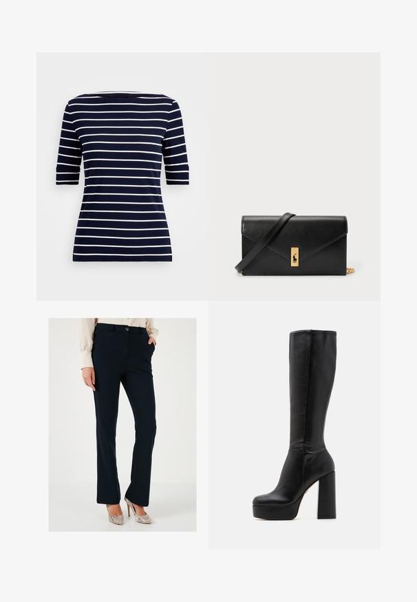 Granatowa koszulka z krótkim rękawem, w poziome białe paski, z okrągłym dekoltem. Wykonana z gładkiego materiału o dopasowanym kroju.; Granatowe spodnie o dopasowanym kroju z gładką fakturą, prostymi nogawkami, kieszeniami z przodu i zapięciem na guzik, zestawione z metalicznymi szpilkami.; Czarne, wysokie na kolano botki wykonane z gładkiej skóry z teksturowanym wykończeniem, z wysokim obcasem blokowym i okrągłym czubkiem.; Czarny skórzany portfel z klapą, złotą okuciami, z akcentem logo. Zawiera odpinany pasek do noszenia.