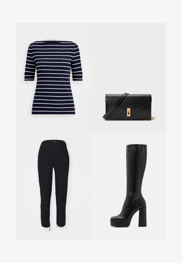 Granatowa koszulka z krótkim rękawem, w poziome białe paski, z okrągłym dekoltem. Wykonana z gładkiego materiału o dopasowanym kroju.; Czarne spodnie o gładkiej teksturze, charakteryzujące się dopasowanym krojem, elastycznym pasem, dwoma kieszeniami oraz regulowanymi mankietami ze sznurkami.; Czarne, wysokie na kolano botki wykonane z gładkiej skóry z teksturowanym wykończeniem, z wysokim obcasem blokowym i okrągłym czubkiem.; Czarny skórzany portfel z klapą, złotą okuciami, z akcentem logo. Zawiera odpinany pasek do noszenia.