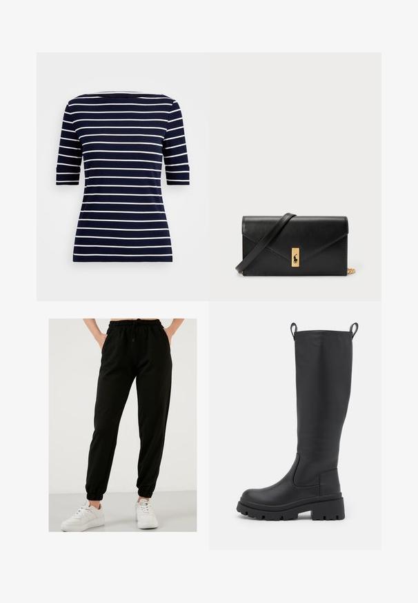 T-shirt de color azul marino con rayas blancas horizontales, mangas cortas y escote redondo. Hecho de un tejido suave con una forma ajustada.; Pantalones de chándal negros hechos de una suave mezcla de algodón, con cintura elástica, bolsillos laterales y tobillos ajustados. Combinados con zapatillas blancas.; Bota negra hasta la rodilla hecha de cuero suave con una suela gruesa y un leve tacón. Cuenta con tiradores y paneles elásticos en los laterales para facilitar su uso.; Billetera de cuero negra con solapa plegable, hardware dorado, que presenta un acento de logo. Incluye una correa desmontable para llevarla.