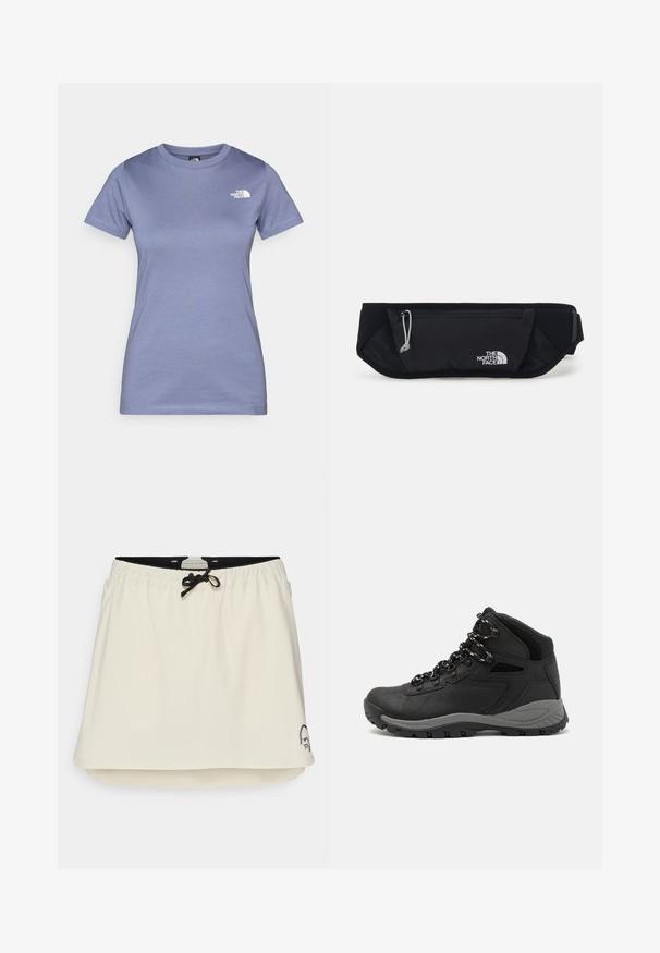 Világoslila, rövid ujjú pamut póló, kerek nyakkivágással és egy apró fehér logóval a mellrészen. Simább textúra.; Fehér szoknya rövidnadrág, rugalmas derékrésszel és fekete húzózsinórral. Kerekített alsó széllel és egy kis hímzett mintával az alsó sarokban.; Fekete túracipő közepes magasságú kialakítással, texturált felsőrésszel, szürke részletekkel és strapabíró gumitalppal, amelynek tapadós kiemelkedései vannak.; The North Face SUNRISER RUN BELT UNISEX - Övtáska - black/white