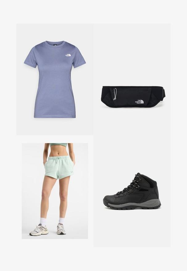 Camiseta de manga corta de color púrpura claro, hecha de algodón, con un escote redondo y un pequeño logo blanco en el pecho. Textura suave.; Pantalones cortos de algodón verde menta claros con cintura elástica, cordón de ajuste y bolsillos laterales. Presenta un pequeño logo bordado en una pierna.; Bota de senderismo negra con un diseño de medio caña, que cuenta con una parte superior texturizada, acentos grises y una suela de goma duradera con tacos de tracción.; The North Face SUNRISER RUN BELT UNISEX - Riñonera - black/white