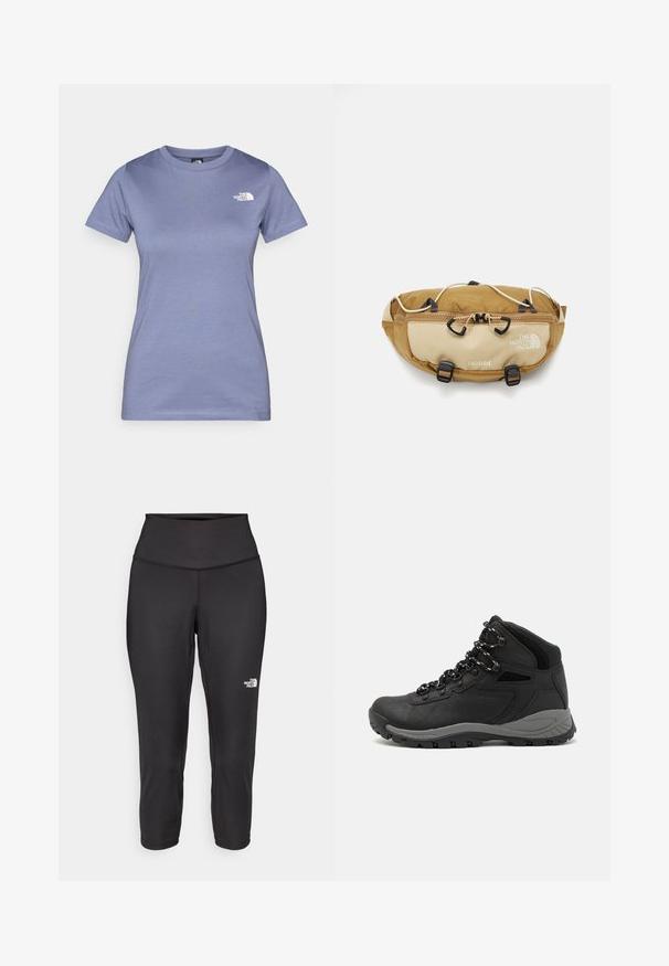 Svetlofialové tričko s krátkym rukávom vyrobené z bavlny, s okrúhlym výstrihom a malým bielym logom na hrudi. Hladká textúra.; Čierne capri legíny vyrobené z elastickej tkaniny, s vysokým pásom a malým bielym logom na ľavej strane. Hladká textúra.; Čierna turistická obuv s polovičným strihom, s textúrovaným zvrškom, šedými akcentmi a odolnou gumovou podrážkou s protišmykovými hrebienkami.; The North Face TERRA LUMBAR 3L UNISEX - Ľadvinka - utility brown/khaki stone