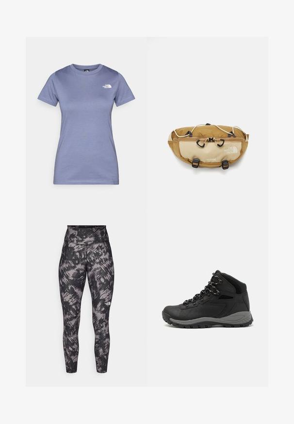 Világoslila, rövid ujjú pamut póló, kerek nyakkivágással és egy apró fehér logóval a mellrészen. Simább textúra.; Fekete és szürke absztrakt mintázatú, magas derékú sportleggings. Rugalmas anyagból készült, sima tapintással. Logó részlet jellemzi.; Fekete túracipő közepes magasságú kialakítással, texturált felsőrésszel, szürke részletekkel és strapabíró gumitalppal, amelynek tapadós kiemelkedései vannak.; The North Face TERRA LUMBAR 3L UNISEX - Övtáska - utility brown/khaki stone