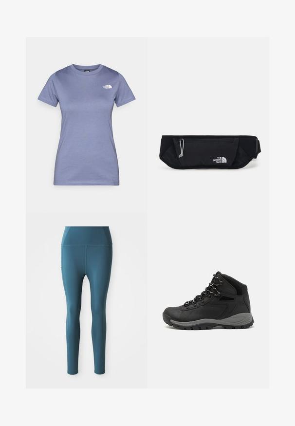 Svijetloplavi kratkotrgac s kratkim rukavima od pamuka, s okruglim izrezom i malim bijelim logotipom na prsima. Glatka tekstura.; Tirkizne rastezljive tajice s glatkom teksturom, visokim pojasom, bočnim džepovima i bez vidljivih šavova, dizajnirane za sportske aktivnosti.; Crne planinarske čizme s dizajnom srednjeg vrha, sa teksturiranim gornjim dijelom, sivim akcentima i izdržljivom gumom potplatom s uzorkom za prianjanje.; The North Face SUNRISER RUN BELT UNISEX - Pojasna torbica - black/white