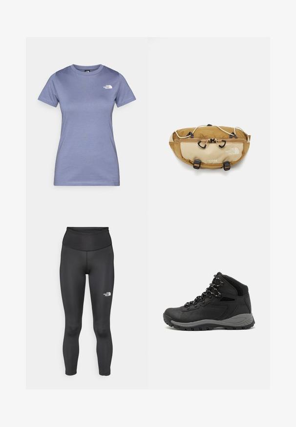 Tricou scurt din bumbac, de culoare violet deschis, cu guler rotund și un mic logo alb pe piept. Textură netedă.; Leggings negri cu talie înaltă, realizate dintr-un material neted și elastic. Prezintă un logo pe partea inferioară a piciorului și au o lungime ajustată până la gleznă.; Botă de drumeție neagră cu un design mediu, având un material texturat, accente gri și o talpă din cauciuc durabilă cu crampoane pentru aderență.; The North Face TERRA LUMBAR 3L UNISEX - Borsetă - utility brown/khaki stone