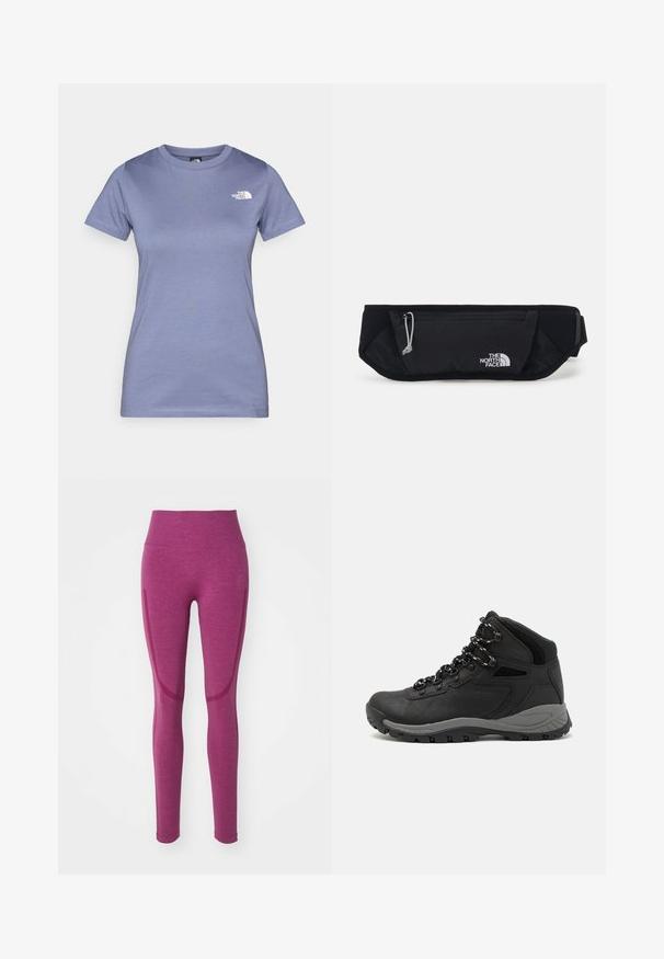 Hellblaues kurzärmliges T-Shirt aus Baumwolle mit rundem Ausschnitt und kleinem weißen Logo auf der Brust. Schmusetextur.; Enganliegende Leggings in einem tiefen lila Farbton, gefertigt aus einem strukturierten Stoff. Mit einem hohen Taillenbund und nahtlosen Seitenteilen mit kontrastierenden Akzenten.; Schwarzer Wanderstiefel mit einem mittelhohen Design, ausgestattet mit einer strukturierten Oberfläche, grauen Akzenten und einer robusten Gummisohle mit Profilstollen.; The North Face SUNRISER RUN BELT UNISEX - Gürteltasche - black/white