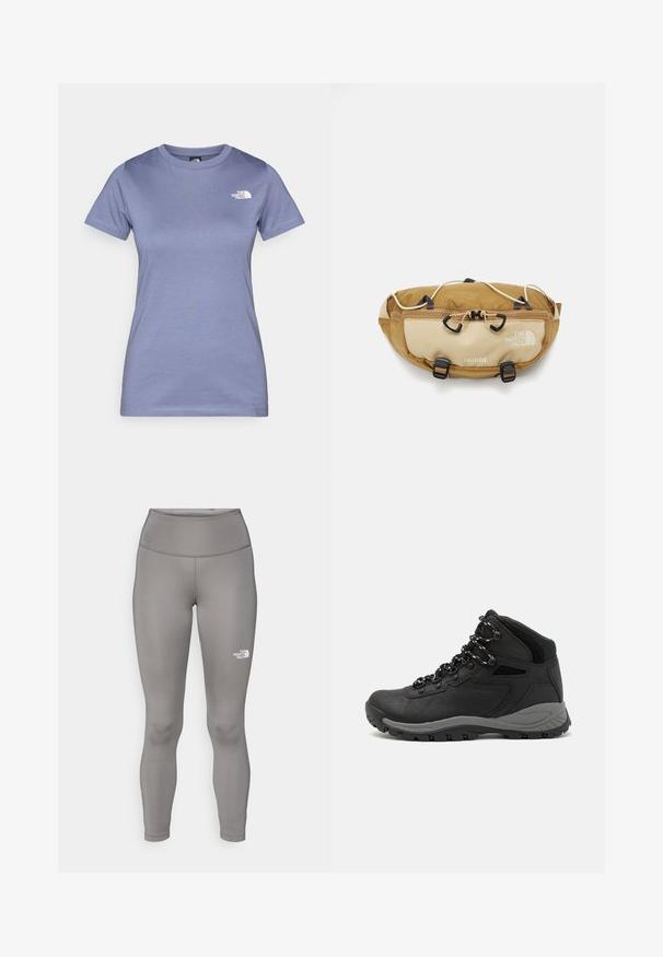 Light purple short-sleeve t-shirt made of cotton, featuring a round neckline and a small white logo on the chest. Smooth texture.; Gray leggings made from a stretchy material, featuring a high waistband and the Northern Face logo in white on the left leg.; Black hiking boot with a mid-top design, featuring a textured upper, gray accents, and durable rubber sole with traction lugs.; The North Face TERRA LUMBAR 3L UNISEX - Bum bag - utility brown/khaki stone