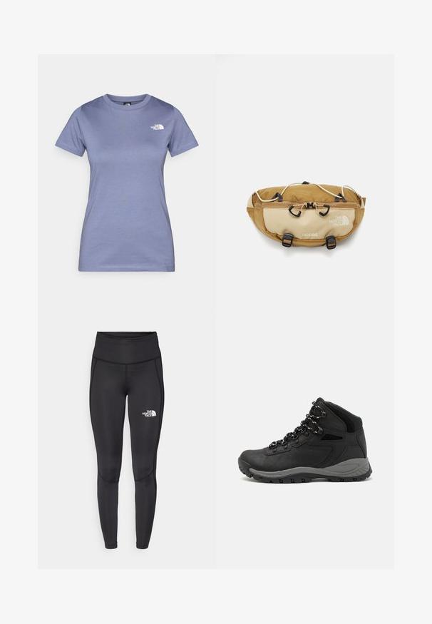 Light purple short-sleeve t-shirt made of cotton, featuring a round neckline and a small white logo on the chest. Smooth texture.; Black athletic leggings with a high waist, made from smooth fabric. Features a small white logo on the lower leg and flatlock seams.; Black hiking boot with a mid-top design, featuring a textured upper, gray accents, and durable rubber sole with traction lugs.; The North Face TERRA LUMBAR 3L UNISEX - Bum bag - utility brown/khaki stone