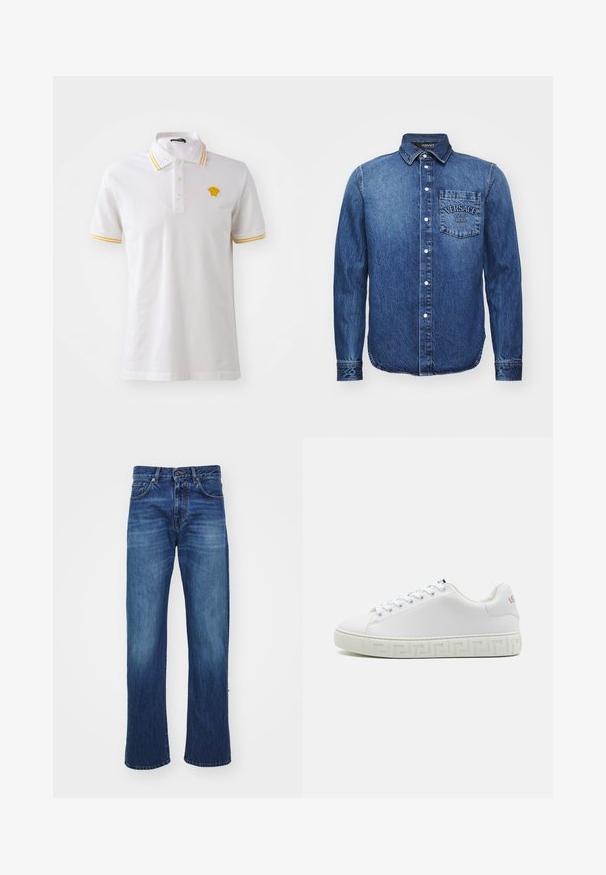White polo shirt made of cotton with yellow striped accents on the collar and sleeves, featuring an embroidered logo on the chest.; Denim shirt in dark blue with long sleeves, button-down collar, front pocket featuring "Versace" logo, and visible stitching details.; Blue denim jeans with a straight-leg design, featuring front pockets, belt loops, and slight fading along the thighs. Durable fabric texture.; White sneaker with a smooth leather upper, flat laces, and patterned rubber sole featuring a geometric design. Subtle logo accent on the side.