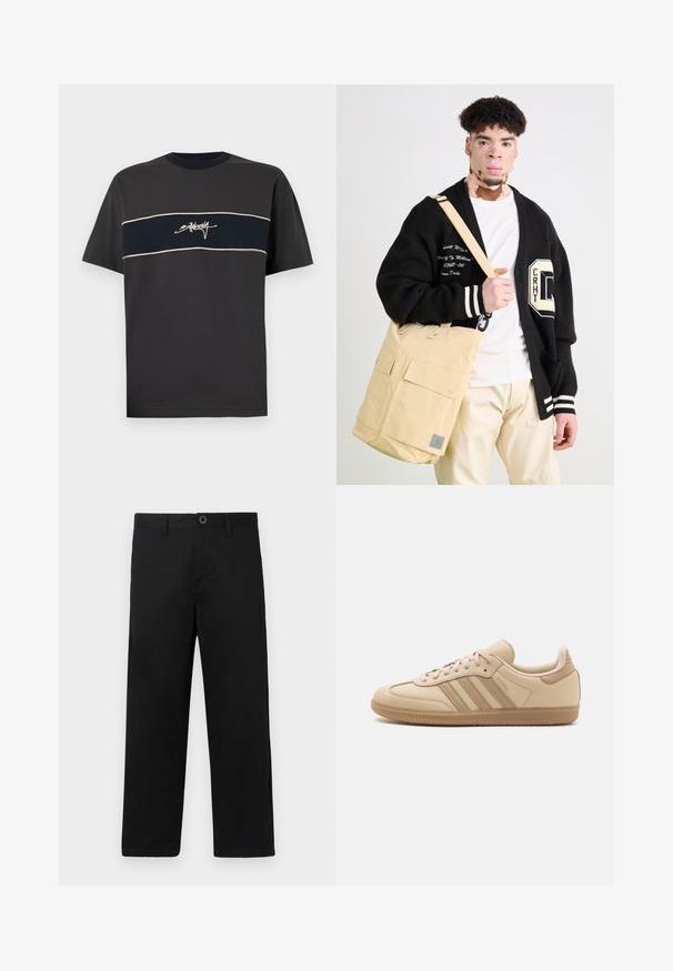 Fekete pamut póló rövid ujjakkal, vízszintes sötétkék csíkkal és fehér körvonallal, a csíkon középre helyezett stilizált szöveggel.; Fekete pamut nadrág egyenes szabással, standard derékkal, övhurkokkal és egy gombos záródással. Simára szőtt textúra, minta nélkül.; Beige bőr sportcipők három vízszintes csíkkal, kerek orral, lapos barna gumitalppal és puha szövetbéléssel a nyakon és a nyelvén.; Beige messenger táska két elülső zsebből, szövetből készült. Túlméretezett fekete kardigán fehér csíkokkal és hímzett szöveges részletekkel.