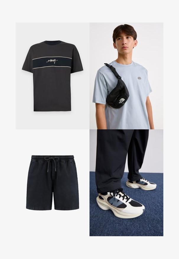 Čierne bavlnené tričko s krátkym rukávom, ktoré má vodorovný námornícky pruh a biely obrys so štýlizovaným textom umiestneným na strede pruhu.; Čierne šortky s elastickým pásom a šnúrkou. Vyrobené z mäkkého materiálu, s bočnými vreckami a rovným strihom.; Biele a čierne tenisky s textúrovanými prekrytiami a modrým akcentom, s mohutnou podrážkou a čiernymi šnúrkami, v kombinácii s čiernymi nohavicami.; Čierna nylonová crossbody taška s nastaviteľným popruhom, so zaslúženým bielym logom. Nosená cez svetlomodré tričko. Jednoduchý, funkčný dizajn.