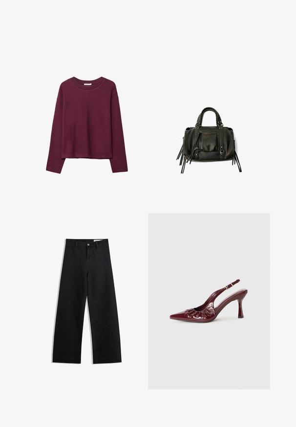 Vinröd långärmad tröja, ribbat runt halsringning, avslappnad passform, mjukt material och sänkt axelsöm, med minimalistisk design och inga mönster.; Svarta vida denimbyxor med hög midja, med fram- och bakfickor, sydda sömmar och knappstängning. Slät textur.; Burgunderfärgade lackläder slingback-klackar med spetsig tå och volangdetaljer, utrustade med en smal klack och en justerbar ankelrem.; Svart läderhandväska med flätade handtag, dragkedjefack och hängande pom poms. Texturerad yta med metallnitar och hårdvaruaccenter.