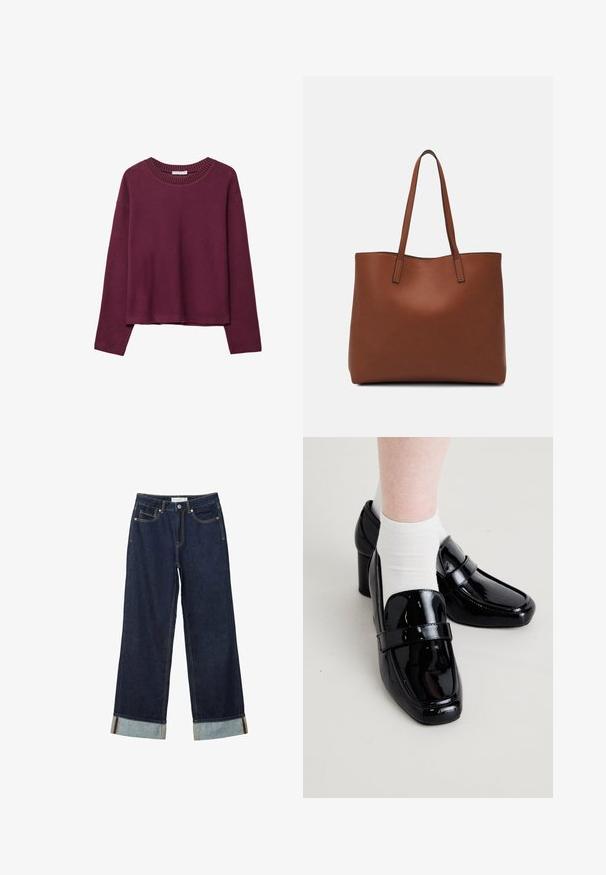 Burgundské dlouhé rukávy svetr, žebrovaný kulatý výstřih, volný střih, měkká textura a spadlé ramena, s minimalistickým designem a bez vzorů.; Tmavě modré kalhoty s širokými nohavicemi a vysokým pasem, s ohrnutými manžetami, kontrastním prošíváním a pěti kapsami. Vyrobené z denimové tkaniny.; Černé lakované kožené mokasíny se čtveratými špičkami a zvýšeným podpatkem, které mají hladký povrch a výrazný horizontální pásek přes přední část.; Hnědá kožená taška přes rameno s hladkou texturou, otevřeným designem a dvěma ramenními popruhy. Obsahuje minimální švy a žádné viditelné kovové prvky.
