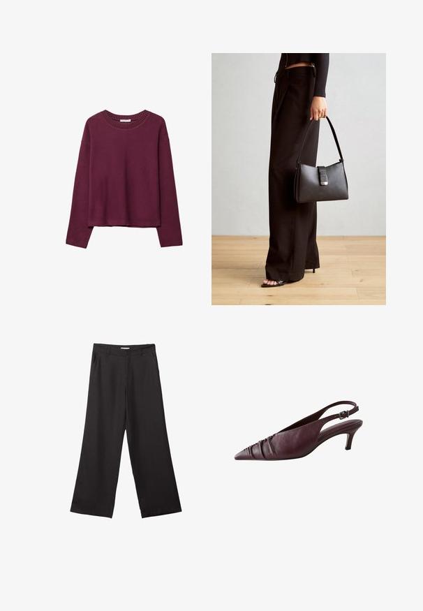 Burgundy long-sleeve sweater, ribbed round neckline, relaxed fit, soft texture, and dropped shoulders, with minimalistic design and no patterns.; Black wide-leg trousers made of smooth fabric, featuring a front zipper and two side pockets, with a tailored fit and minimalistic design.; Burgundy leather slingback shoes with a pointed toe, featuring gathered texture at the front and a slim, structured heel. Adjustable strap.; Black handbag with structured shape, smooth texture, and a metallic clasp. Paired with wide black pants and open-toe sandals on wooden floor.