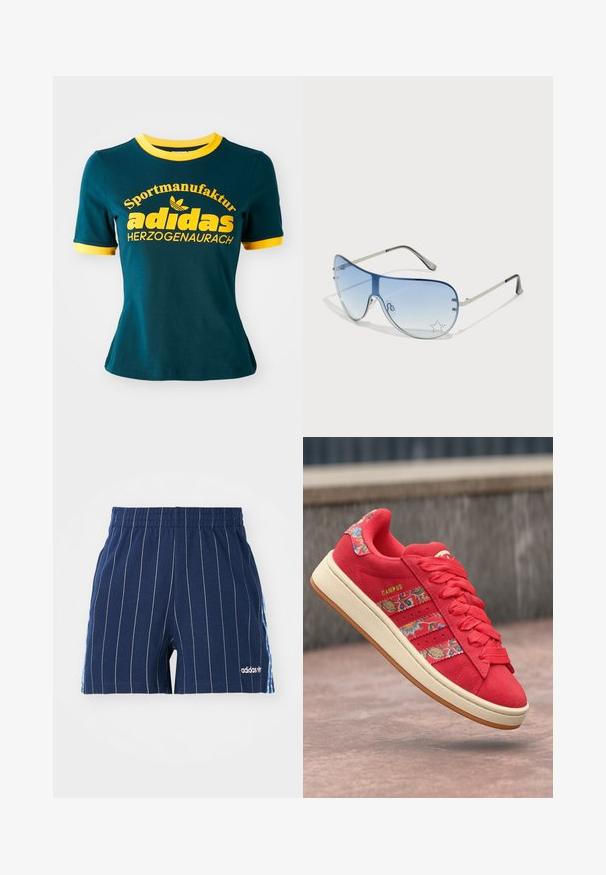 Camiseta de algodón verde azulado con cuello y puños acanalados amarillos. Presenta un gran texto amarillo: "Sportmanufaktur adidas HERZOGENAURACH" y el logotipo.; Pantalones cortos azul marino con rayas blancas, cintura elástica y logo de Adidas. Presentan acentos azules en los laterales, hechos de una mezcla de algodón.; Zapatillas de ante rojo con acentos de patrón floral, diseño de tres rayas, cordones texturizados y una suela de goma color crema. Detalle del logo dorado "CAMPUS".; Gafas de sol tipo aviador con lentes azul degradado, montura de metal plateado y acentos decorativos de estrellas en los lentes. Diseño suave y elegante.