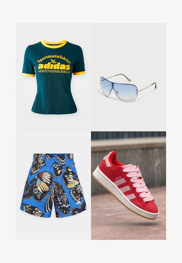 Camiseta de algodão verde-água com colarinho e punhos canelados amarelos. Apresenta um grande texto amarelo: "Sportmanufaktur adidas HERZOGENAURACH" e logotipo.; Calças curtas azuis com padrão de borboleta em preto, amarelo e vermelho. Cintura elástica e bolsos laterais, feitas de tecido leve.; Sapatilha vermelha em camurça com detalhes em rosa, apresentando três riscas brancas e atacadores rosa claro. Meio solado branco e sola em borracha tipo goma.; Óculos de sol aviador com lentes azuis em degradê, armação metálica prateada e detalhes decorativos de estrelas nas lentes. Design suave e elegante.