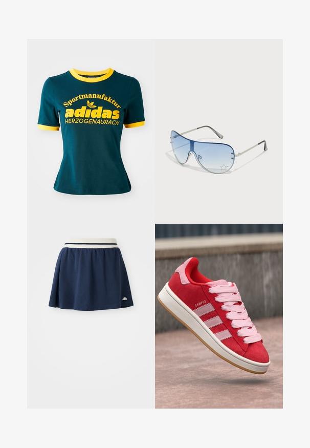 Teal színű pamut póló sárga bordás gallérral és ujjnál. Nagy sárga felirattal rendelkezik: "Sportmanufaktur adidas HERZOGENAURACH" és logóval.; Sötétkék szoknya puha anyagból, fehér gumis derékrésszel, két sötétkék csíkkal és egy kis logóval az alsó szegésen.; Piros velúr sportcipő rózsaszín részletekkel, három fehér csíkkal és világos rózsaszín fűzőkkel. Fehér középtalp és gumírozott talp.; Pilóta napszemüveg, melynek áttetsző kék lencséje, ezüst fém kerete és díszes csillag díszítések találhatók a lencsén. Simogató és elegáns dizájn.