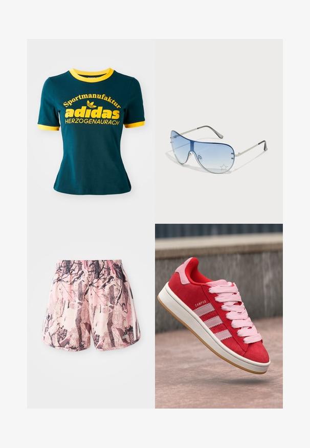 Mėlynas medvilninis marškinėliai su geltonu ruoželiu prie apykaklės ir rankogalių. Ant marškinėlių yra didelis geltonas užrašas: "Sportmanufaktur adidas HERZOGENAURACH" ir logotipas.; Rožinės ir rudos raštuotos šortai su elastine juosmens juosta ir šoninėmis juostelėmis, turintys grafišką dizainą, primenantį lapus ir šakas.; Raudoni suediniai sportbačiai su rožiniais akcentais, turintys tris baltas juosteles ir šviesiai rožinius raištelius. Balta tarpinė ir gumos guminė padas.; Aviatoriai akiniai su gradientiniais mėlynais objektyvais, sidabriniu metaliniu rėmu ir dekoratyvinėmis žvaigždžių akcentais ant objektyvų. Lygaus ir stilingo dizaino.