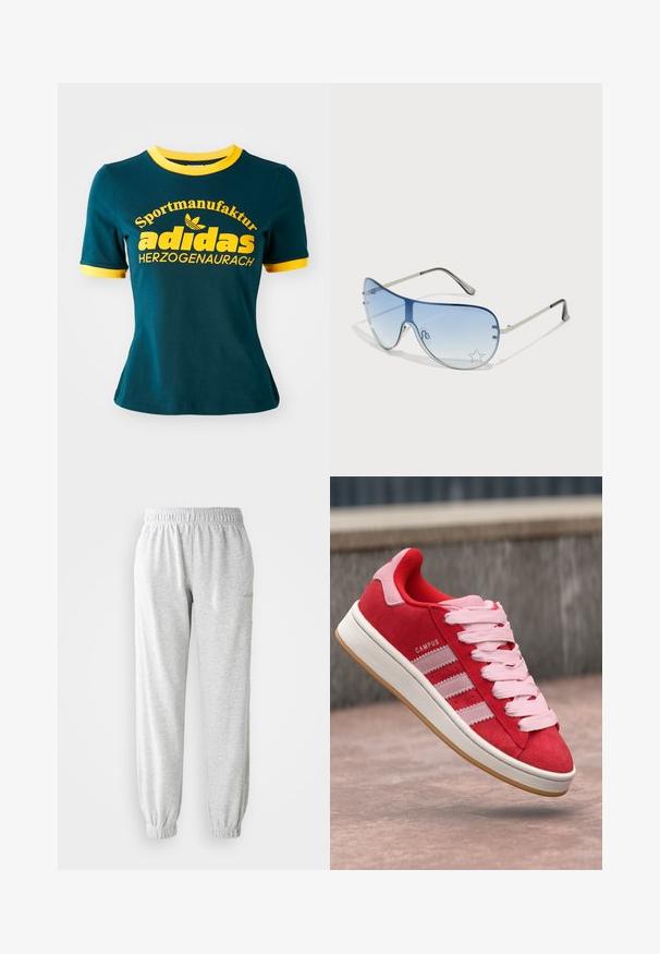 Teal cotton t-shirt with yellow ribbed collar and cuffs. Features large yellow text: "Sportmanufaktur adidas HERZOGENAURACH" and logo.; Light gray sweatpants made of soft fabric, featuring an elastic waistband and tapered cuffs. No additional patterns or details.; Red suede sneaker with pink accents, featuring three white stripes and light pink laces. White midsole and gum rubber outsole.; Aviator sunglasses featuring a gradient blue lens, silver metal frame, and decorative star accents on the lens. Smooth and sleek design.