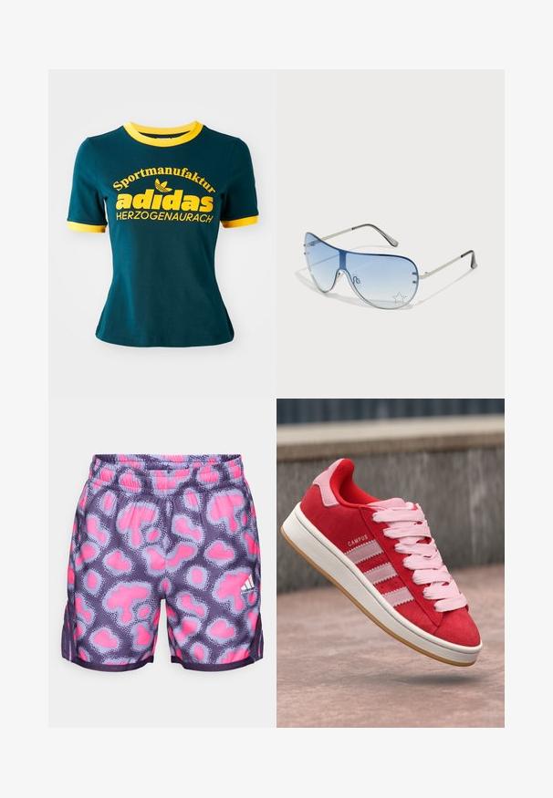 T-shirt en coton bleu canard avec col et poignets côtelés jaunes. Présente un grand texte jaune : "Sportmanufaktur adidas HERZOGENAURACH" et un logo.; Shorts violets avec un motif à pois rose et bleu clair, taille élastique et fentes sur les côtés pour la ventilation. Présente un petit détail de logo blanc.; Baskets en daim rouge avec des accents roses, dotées de trois rayures blanches et de lacets rose clair. Semelle intermédiaire blanche et semelle extérieure en caoutchouc naturel.; Lunettes de soleil aviateur avec des verres dégradés bleus, une monture en métal argenté et des accents décoratifs en forme d'étoile sur les verres. Design lisse et élégant.