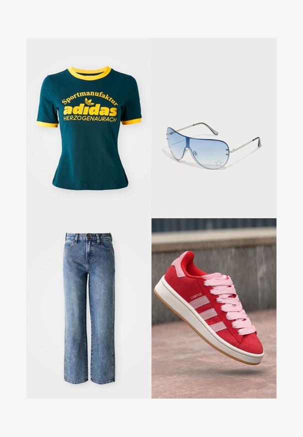 Turkizna bombažna majica s prosojnim ovratnikom in manšeti v rumeni barvi. Ima velik rumen napis: "Sportmanufaktur adidas HERZOGENAURACH" in logotip.; Modre kavbojke s visokim pasom, ravnimi nogami, sprednjimi žepi, pasnimi zankami in gumbom za zapiranje.; Rdeče semaforice iz usnja s rožnatimi poudarki, s tremi belimi črtami in svetlo rožnatimi vezalkami. Bele srednje podplate in gumijasti podplat.; Pilotne sončne očala z gradijentnimi modrimi lečami, srebrnim kovinskim okvirjem in okrasnimi zvezdastimi detajli na lečah. Gladek in eleganten dizajn.