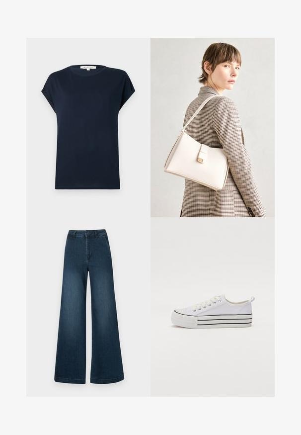 Tamsiai mėlynas trumpomis rankovėmis marškinėliai, pagaminti iš minkštos medžiagos. Savybė - apvali iškirptė ir sukamuoju džinsinio tipo rankovių uždengimu, tiesus apatinis kraštas.; Tamsiai mėlyni aukšto liemens plačiakulkšniai džinsai su priekinėmis kišenėmis ir dirželių kilpelėmis ant baltos fono.; Baltos kanvas sportbačiai su apvaliu nosiu, juodu padu ir horizontaliais juodais juostelės akcentais. Su raišteliais ir kilpa kulne, skirta patogiam dėvėjimui.; Balto odos rankinė su struktūrizuotu dizainu, turinti magnetinį užsegimą ir petnešą, demonstruojama prieš neutralią foną.