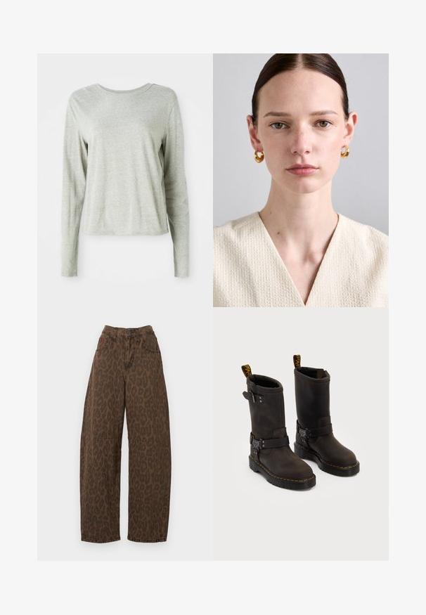 Šviesiai pilkas ilgomis rankovėmis marškinėliai, pagaminti iš minkštos medžiagos, su apvaliomis iškirpėmis ir laisvu siluetu. Siūlų detalės šonuose.; Rudos leopardų rašto plačių kojų džinsai su aukštu liemeniu, mygtukų uždarymu ir dviem priekinėmis kišenėmis. Pagaminti iš džinsinio audinio su lygiu paviršiumi.; Tamsiai rudos odinės botai su vidutinio ilgio dizainu iki blauzdos, geltonomis siūlėmis, reguliuojamais sagtelėmis ir užtrauktukais viršuje. Tekstūruotas paviršius.; Aukso žiedo formos auskarai su lygiu paviršiumi, nešiojami asmens su šviesia oda, turinčio tekstūruotą kreminės spalvos audinio viršutinę dalį su V formos iškirpte.