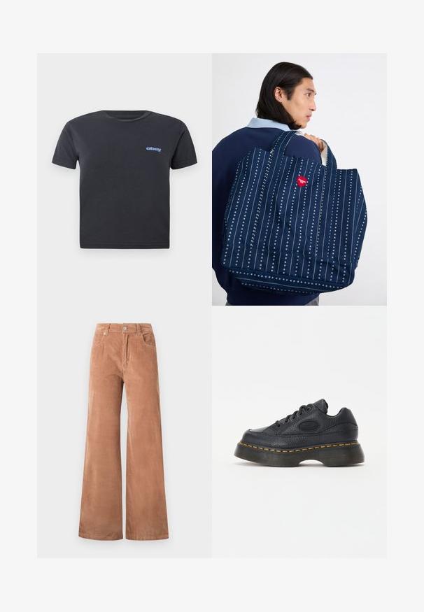 Svart bomulls T-skjorte med korte ermer, rund hals, med en blå "obey"-logo på venstre bryst. Jevn tekstur, standard passform.; Lys brune vidde cordfløyelsbukser med frontknapp og glidelås, beltehemper og frontlommer på hvit bakgrunn.; Svart lær sneakers med teksturert overflate, rund tå og tykk plattformsåle. Har gule kontrastsømmer og merket logo på siden.; Marine blå tote bag laget av stoff med vertikale hvite striper og små hjerte mønstre. Har lange håndtak og et rødt hjerteformet merke.