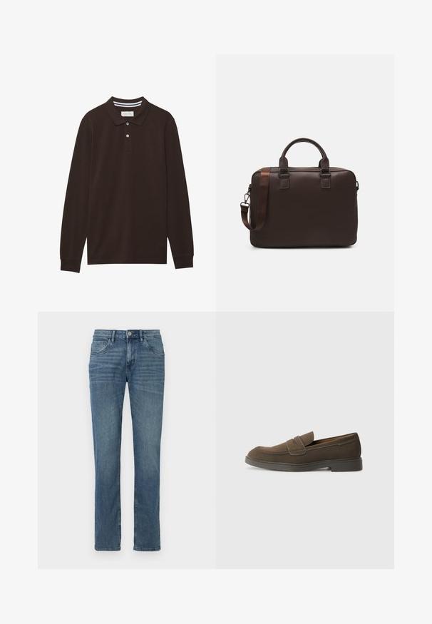 Sötétbarna pamut hosszúujjú pólóing, gallérral, három gombos záródással és fehér csíkozással. Sima textúra.; Közepes mosású farmerből készült, egyenes lábú farmernadrág. Öt zsebe van, gombos záródással és diszkrét elhalványodással az elején, ami texturát ad neki.; Barna velúr loafer, lekerekített orral, egy csíkkal a lábfejen, és lapos gumitalppal. Egyszerű dizájn, letisztult vonalakkal és minimális részletezéssel.; Barna bőr laptop táska texturált felülettel, dupla felső fogantyúval, állítható pánttal és két elülső csattal a részletek fokozásáért.
