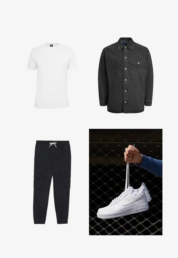 Balta īsām piedurknēm T-kreklā, izgatavota no kokvilnas, ar apaļu kakla izgriezumu un gludu tekstūru, paredzēta ikdienas valkāšanai.; Melna denima krekls ar garām piedurknēm, izplestu apkakli, pogu priekšu un vienu krūšu kabatu. Iekļauj sudraba sprādzes pogas un brīvu piegriezumu.; Melnas kokvilnas kravas bikses ar elastīgu jostu un auklu, sānu kabatām un papildus sašaurinātiem piedurknēm.; Baltas ādas sporta apavi ar perforācijām, apaļu purngali, plakanu zoli un biezām šņorēm, ar redzamu swoosh logo un vārdu "AIR" uz papēža.