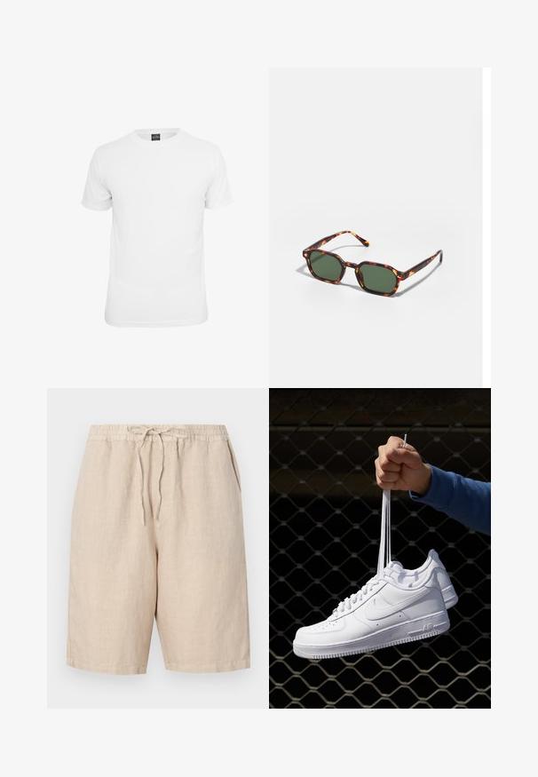 T-shirt bianca a maniche corte, realizzata in cotone, con scollatura a girocollo e una texture liscia, progettata per un abbigliamento casual.; Bermuda in lino di un colore beige chiaro con vita elastica, coulisse regolabile e tasche laterali. Texture liscia e vestibilità morbida.; Sneakers in pelle bianca con perforazioni, punta rotonda, suola piatta e lacci spessi, con logo swoosh visibile e "AIR" sul tallone.; Occhiali da sole tartarugati con lenti verdi, dotati di una forma ottagonale e bracci sottili e curvi. Il materiale ha una finitura lucida.
