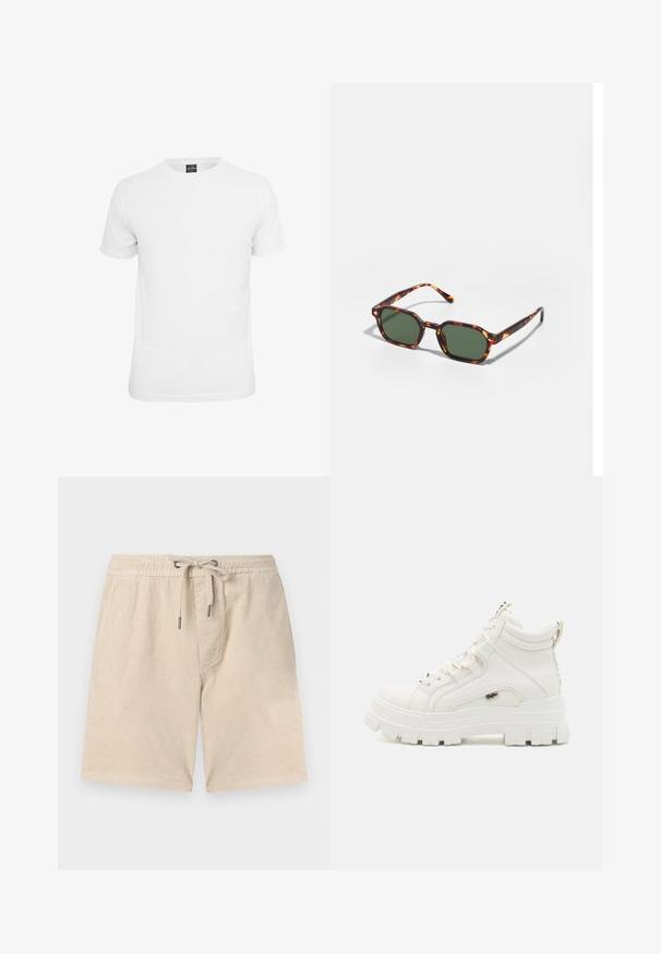 Hvid kortærmet t-shirt, lavet af bomuld, med en klassisk rund hals og en glat tekstur, designet til afslappet brug.; Beige corduroy shorts med elastisk talje, snøre lukning og sidelommer; har vertikal ribbet tekstur.; Hvide ankelhøje sneakers med en struktureret overflade, tyk gummisål og polstret krave. Har snørebåndsdesign og et logo-accent.; Skildpaddefarvede solbriller med grønne linser, der har en oktagonal form og slanke, buede arme. Materialet har en blank finish.