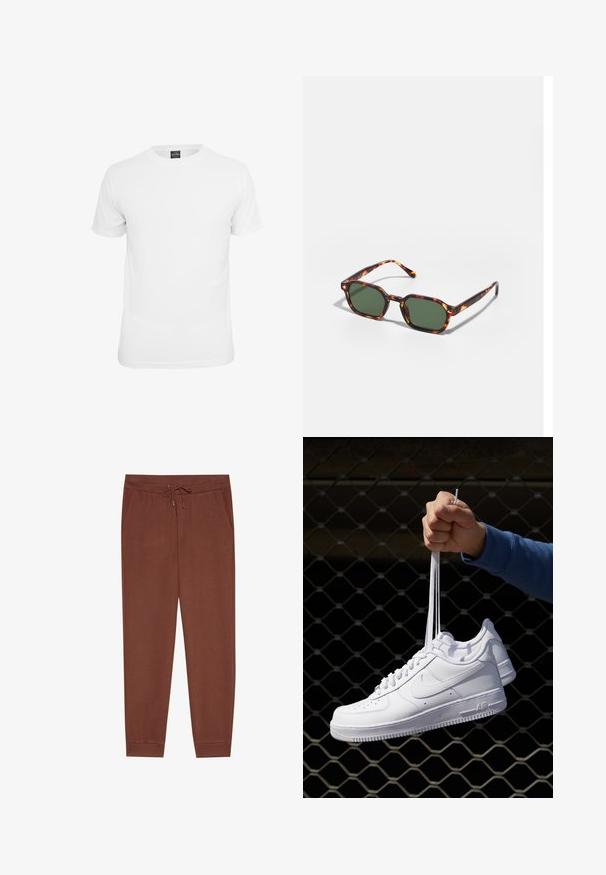 Witte t-shirt met korte mouwen, gemaakt van katoen, voorzien van een ronde hals en een soepele textuur, ontworpen voor casual gebruik.; Bruine joggingbroek met een trekkoord in de taille, zijzakken en een taps toelopende pijp. Gemaakt van zachte stof met een gladde textuur en zonder zichtbare patronen.; Witte leren sneakers met perforaties, ronde neus, vlakke zool en dikke veters, met een zichtbare swoosh-logo en "AIR" op de hiel.; Tortoiseshell zonnebrillen met groene glazen, met een octagonaal formaat en slanke, gebogen armen. Materiaal heeft een glanzende afwerking.