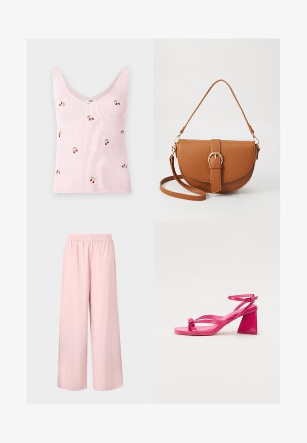Roze geribbelde tanktop met geborduurde kersontwerpen. Het heeft een diepe V-hals en een getailleerde pasvorm, gemaakt van een zachte, gestructureerde stof.; Roze wijde broek met een elastische tailleband en een gladde textuur, met een losse pasvorm en een rechte snit van taille tot zoom.; Roze lakleren sandalen met hakken, een vierkante punt, smalle banden en een geometrische blokhak. Met een gespdetail op de band.; Bruine leren schoudertas met een gebogen vorm, gouden hardware en een gespaccent. Bevat een afneembare schouderriem.