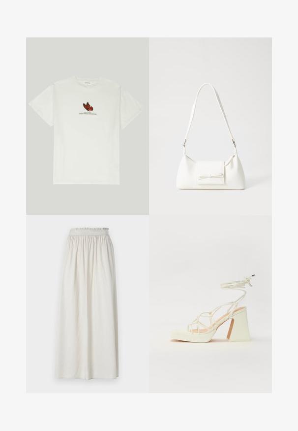 Hvid bomulds t-shirt med et sommerfuglemotiv i rød og sort, med teksten "VINGER AF FORANDRING GODT KOMMER TIL DIG" nedenfor.; Lys beige, knælang nederdel lavet af blødt stof med elastisk talje og plisseret design for en afslappet pasform.; Hvide højhælede sandaler med en kraftig hæl, der har et stropdesign og ankelbinding. Glat tekstur med en platform foran for ekstra højde.; Hvid syntetisk håndtaske med en trekantet form, flad forsideklap og sløjfedetalje, justerbar strop, glat tekstur og minimalistisk design.