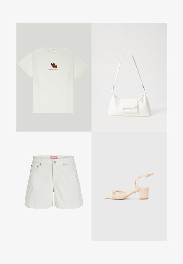 Balta medvilninė marškinėliai su raudonos ir juodos spalvos drugelio dizainu, o po juo parašyta "POKYČIŲ SPARNAI GEROS DALYKAI ARTĖJA".; Balti džinsinio audinio šortai su vidutinio aukščio juosmeniu, penkiomis kišenėmis ir rožinės spalvos logotipu ant juosmens. Yra klasikinis užsegimas su mygtuku ir užtrauktuku.; Kreminės spalvos su platforma sandalai su kvadratiniu pirštu, sukryžiuota priekinė dalis, kulkšnies dirželis ir blokinis kulnas. Lygi tekstūra, minimalizmo stilius.; Balta sintetinė rankinė trikampio formos, plokščiu priekiu su užsegimu, kaspino detale, reguliuojama dirželiu, lygia tekstūra ir minimalistišku dizainu.