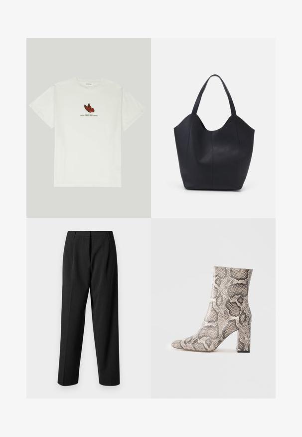 Baltas kokvilnas t-krekls ar tauriņu dizainu sarkanā un melnā krāsā, zem kura ir teksts "MAINĪBU SPARNI LABAS LIETAS NĀK".; Melni piegriezti bikses ar taisnu kāju dizainu, kas izceļas ar teksturētu audumu, priekšējiem krokām un gludu jostasvietu.; Potīte līdz ankletam ar masīvu papēdi, izgatavota no bēša un pelēka čūskadakšņa raksta, novietota uz vienkārša gaiša fona.; Melnas rokassomas, kas izgatavota no gludas ādas, ar izliekto atvērto augšu, divām plecu jostām un minimālistisku dizainu.